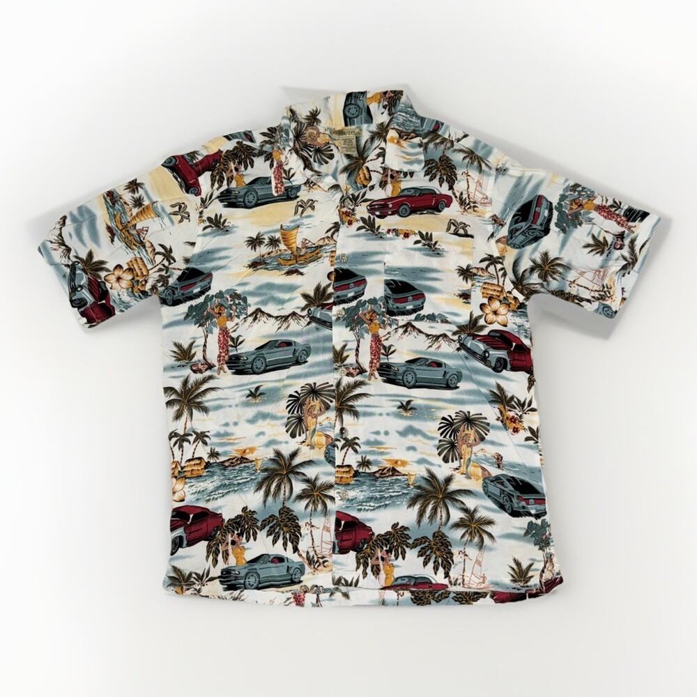 Islander Aloha Ford Mustang Hawaiian Print Shirt Large 100% Rayon 22x27